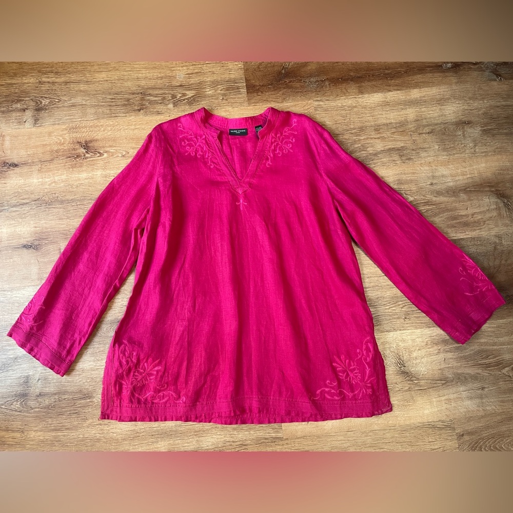 Valerie Stevens womens Linen Embroidered Tunic Top size 2X Long Sleeve‎ pink